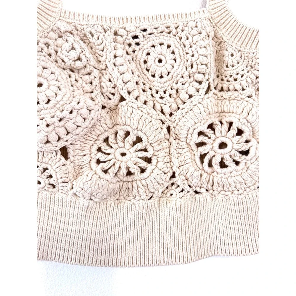 J.Crew | Cream Floral Crochet Crop Tank Top – Boho Knit Summer Camisole - Picture 3 of 5